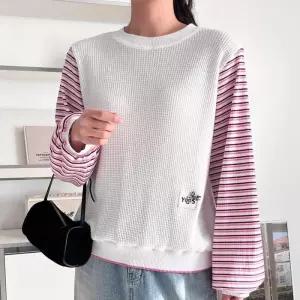 [옷자락]여성 와플 배색 스트라이프 퍼프 리본 패치 봄 시즌 맨투맨