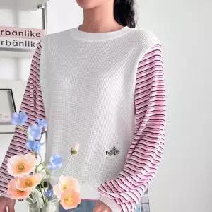 [옷자락]여자 와플 배색 스트라이프 퍼프 리본패치 봄 맨투맨