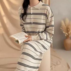 [옷자락]여성용 소프트 니트 롱 원피스 버튼카라 넥