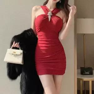 [옷자락]여자 쥬얼리 브로치 홀터 오프숄더 셔링 미니원피스