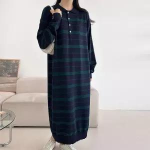 [옷자락]여자 스프라이프 버튼 카라넥 소프트 니트 롱원피스