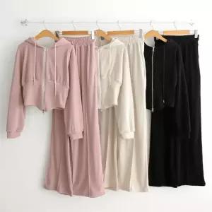 [옷자락]여성 크롭 절개 투웨이 후드 집업 골지 밴딩 팬츠 세트