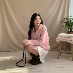 [옷자락]여성 체크카라 목걸이 팬던트 분홍색 단추 맨투맨 교복룩