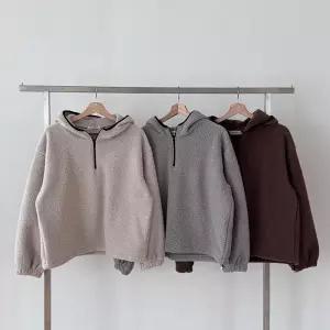 [옷자락]여성 퍼지 반집업 양털 후드티 겨울 오버사이즈 티셔츠
