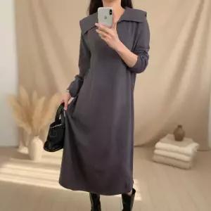 [옷자락]여성 빅카라 니트 롱 원피스 차콜 심플 등원룩
