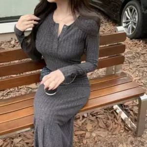 [옷자락]여자 가을 겨울 따뜻한 포근한 슬림핏 골지 롱 니트 원피스