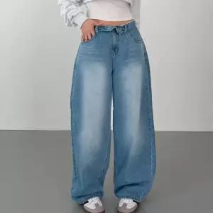 [옷자락]여자 롤업 로우라이즈 연청 맥시 와이드핏 워싱 청바지