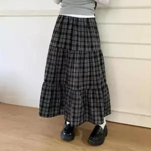 [옷자락]여자 사계절 면 체크 밴딩 캉캉 플레어 롱스커트