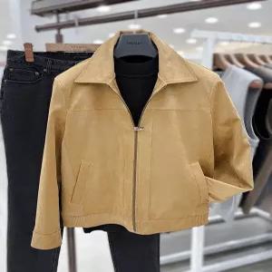 [트루젠]남자 간절기 봄 스웨이드 세무 트러커 라이더 자켓 집업 하프 숏점퍼 브라운