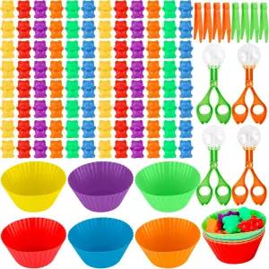 페라디 120개 카운팅 곰 센서리 빈 도구 미세 운동 기술에는 귀여운 무지개 분류 96마리 핀셋 8개 가위