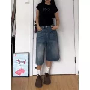 여친 데님 빈티지 일자 와이드 청바지 칠부 슬림핏 반바지 번개무늬 청반바지 하이웨스트 ST1