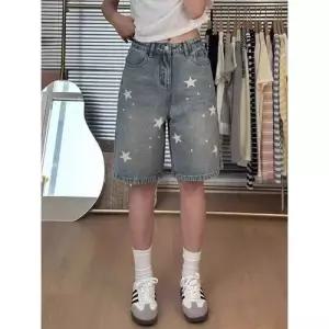 여친 데님 빈티지 다리 하이웨스트 청바지 별 A라인 프린트 빅사이즈 청반바지 반바지 5부 ST1