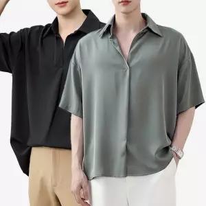 [아이에스이랩]오버핏 반오픈 헨리넥 반팔 카라 셔츠 3컬러 I2SH019