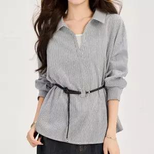 [퀸이즈][퀸이즈] [벨트 셔츠set][77까지]베키 스트라이프 벨티드 포인트 카라 블라우