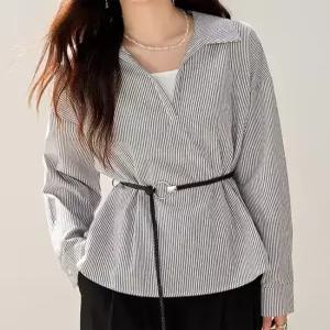 [패션시그널]허리벨트 스트라이프 블라우스 6A51A3