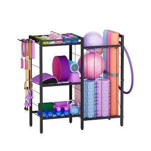 케틀벨 폼 롤러 저항 밴드 볼, 홈 체육관용 후크가 달린 운동 장비 정리함 무게 저장 홀더가 있는 Fwithy 3 티어 덤벨 요가 매트 보관