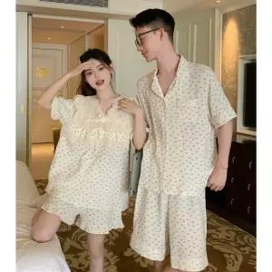 엘럽 통하고 잠옷세트 커플 더블 겉옷 편안한 커버 원사 속옷 잘 바람 실내복 반팔 공주 코튼 원템1