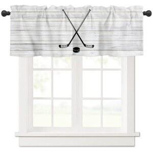 요코우 커튼 밸런스, 하키 스포츠 테마 소박한 오래된 나무 보드 거실, 침실, 주방, 욕실, 패널 1개, 54인치 W x 18인치