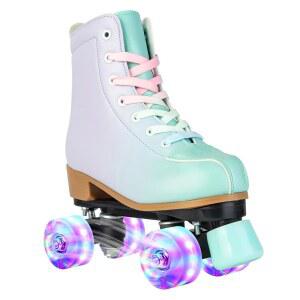 및 여아를 위한 MEIGLQEA 롤러 스케이트, 플래시 휠이 있는 가죽 그라디언트 그린 퍼플 8-12세 청소년 초보자를 실내 야외 스케이트