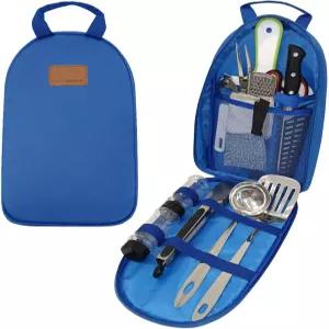 골드 아머 13피스 캠프 주방 도구 정리 여행 세트 - 필수 야외 캠핑 장비 및 액세서리 키트 휴대용 BBQ