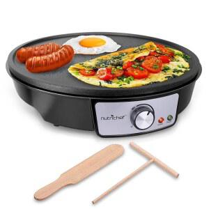 뉴트리셰프 전기 쿡탑 크레페 조절 팬케이크 온도 그릴 가능 논스틱 나무 주걱 반죽 메이커 사용 플레이트 계란에도 12인치 블린트 스프레드