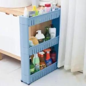 [생활] 3단 수납 세탁실 틈새 주방 이동형 블루 선반 정리함 트롤리