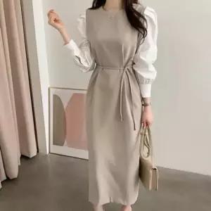 상견례룩 로맨틱 연말룩 H라인 투톤 하객룩 결혼식 롱원피스 끈