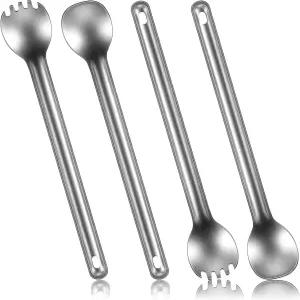 미나티 4피스 티타늄 롱핸들 스팍 및 스푼 8.4인치 초경량 휴대용 플랫웨어 수프 캠핑 도구 야외 배낭 여행