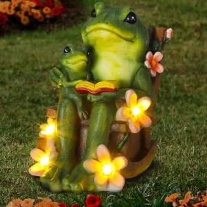 태일 개구리 미니어처 정원 조각상 태양열 가족 독서용 LED 책이 있는 흔들의자에서 엄마 할머니 파티오