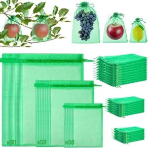 과일 나무용 보호 가방 180개 녹색 그물 커버 3개 크기 정원 드로스트링 메쉬 장벽 식물 꽃 채소 오르간자