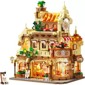 플락순 플라워 베이커리 커피하우스 건물 세트 조명 시티 카페 베이킹 디스플레이 모형 장난감 1289 PCS