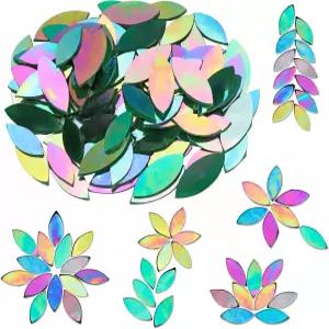 Yoption 100피스 이리데센트 유리 꽃잎 모자이크 타일 손으로 자른 녹색 스테인드글라스 공예 및 가정