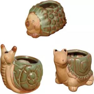 배수 구멍이 있는 FMITTF 아티스틱 세라믹 동물 화분 및 피규어 세트 - 미니 다육식물 요정 정원을 위한