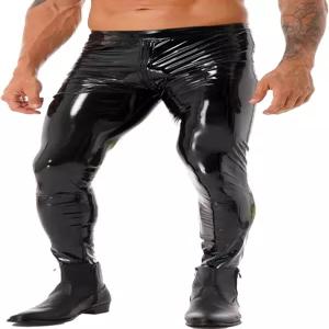 ACSUS 남성용 반짝이는 메탈릭 인조 가죽 모터 바이커 타이트 팬츠 지퍼 파우치 긴 바지
