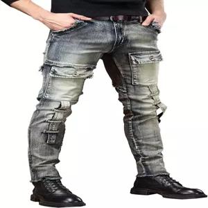 남성 슬림 핏 스트레치 카고 바이커 진 아웃도어 멀티 포켓 스키니 패션 워싱 타이트 미드 웨이스트 데님