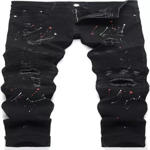 QIMYUM 남성용 슬림 핏 청바지 찢어진 스키니 진 패션 바이커 스트레치 모토 카고 데님 팬츠