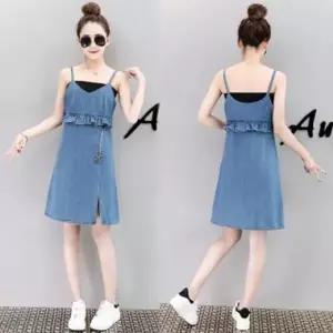 [에이치플러스몰]WL S1538 프릴 고리장식 청 데님 나시 민소매 원피스