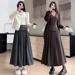 스커트 모직 체크 우산 도톰 중기장 플리츠 정장 하이웨스트 여성패션 A라인 가을겨울 DL4