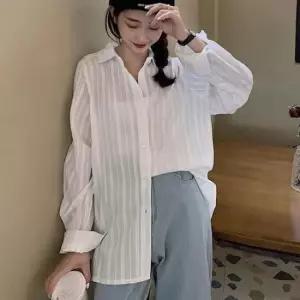 [옷은날개] 스트라이프 자수 시스루 블라우스 카라 셔츠