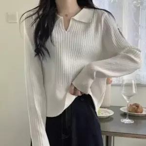 [의류] 4컬러 니트 골지 티셔츠 카라티셔츠 오피스룩 여성니트 골지니트 긴팔티셔츠 기본티셔츠 브이넥