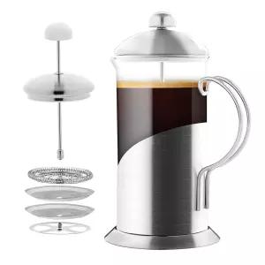 내열 붕규산 유리 스테인리스 스틸 디자인 및 4단계 필터 시스템을 갖춘 OVENTE 프렌치 프레스 커피 메이커