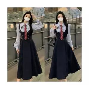 여성원피스 가을 바캉스 투피스 폴라넥 원피스 빅사이즈 허리조임 배색 셔츠 ADOR3