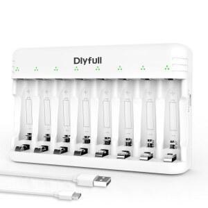USB-C 고속 충전이 가능한 Dlyfull 8 Bay AA 배터리 충전기, 1.2V Ni-MH Ni-CD 충전식 독립 슬롯, 케이블 포함