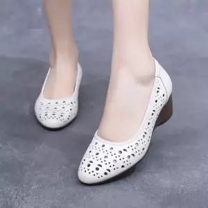 여성 빈티지 하계 리얼 펀칭 샌들 힐 소프트 웨지 단화 웨지힐 구두 가죽 원픽5