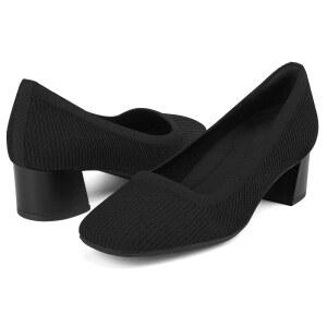 여성용 젠아도르 로우 청키 힐 드레스 슈즈 편안한 니트 블록 펌프스 스퀘어 클로즈드 토 드레시 캐주얼 웨딩 파티 프롬 사무실 작업 전표
