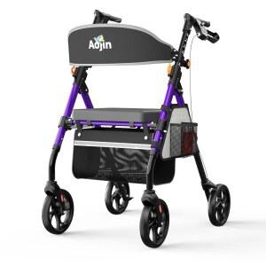 노인용 시트, 350파운드 용량, 8인치 휠, 17.7인치 빅 6자세 조절 가능한 높이, 초경량 알루미늄 프레임 롤링 워커(퍼플)를 갖춘 Aojin 경량 접이식 롤레이터 워커