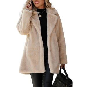 Vipwest 여성용 인조 모피 롱 코트 버튼 다운 라펠 플리스 셰르파 재킷