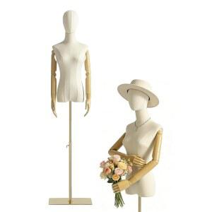 여성 마네킹 드레스 폼 몸통, 탈부착 가능한 머리, 나무 손, 황금 조절 높이 스탠드, 주얼리 디스플레이, 베이지(골드)