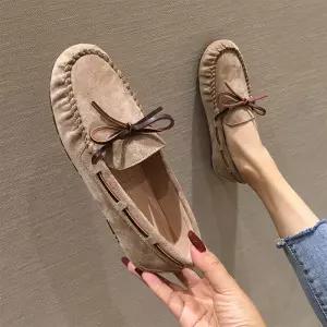 여성 스웨이드 로퍼리본 빅사이즈 단화 여사친 리본플랫 통굽 미끄럼방지 드라이빙슈즈 봄가을
