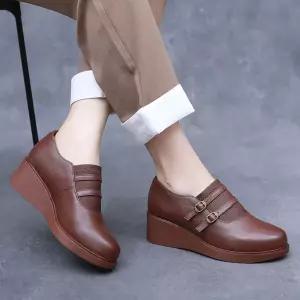 샤오원샵 여자 빈티지 라운드토 봄가을 앞코에 컴포트구두 소가죽 통굽 워킹화 웨지힐 키작녀 빅사이즈 엄마룩 꾹3
